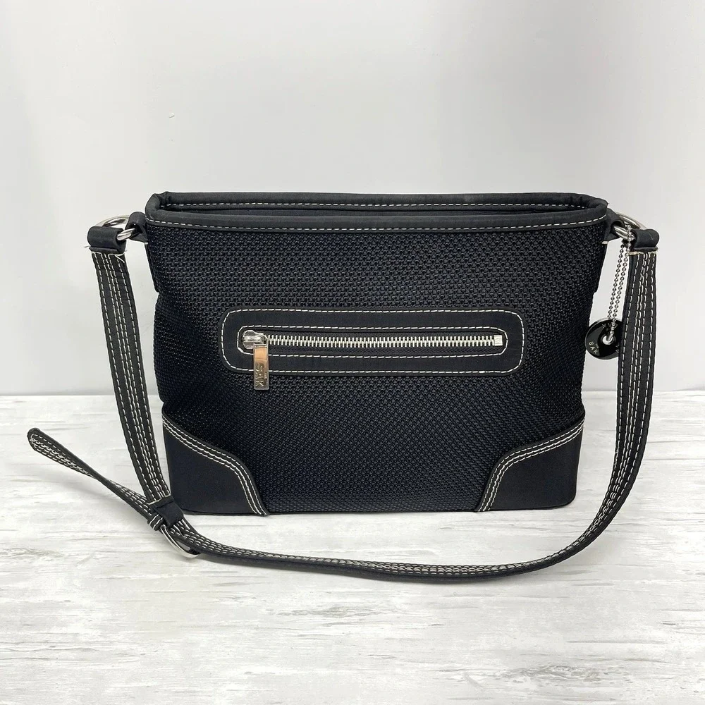 The Sak Black Woven Small Textured White Stitching Shoulder Bag Adjustable Strap